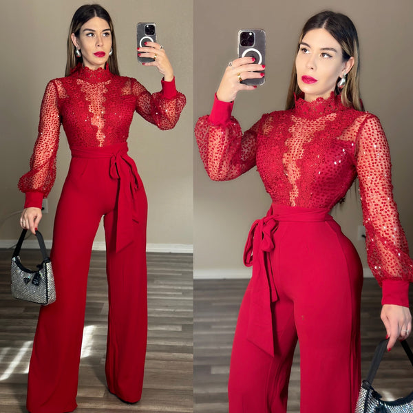 Red and black embellished jumpsuit