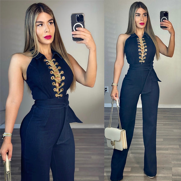 Denim stretch chain jumpsuit