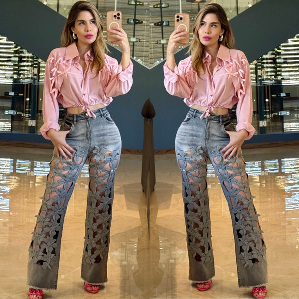 Flowers gray/dark stretch jeans