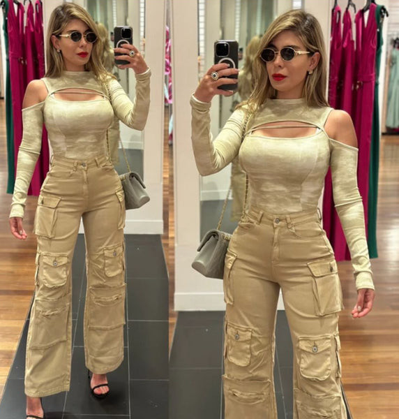 Cargo bodysuit beige stretch