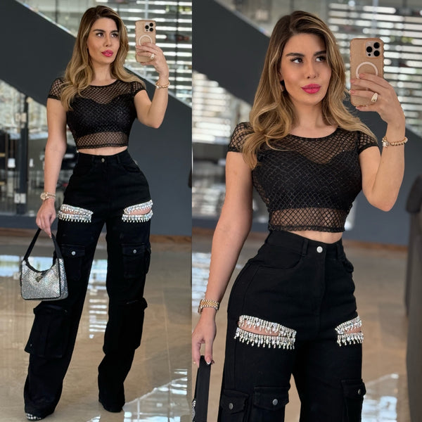 Cut out rhinestone jeans