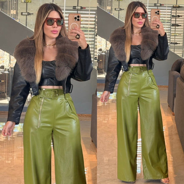 Catalina olive leatherette wide pants