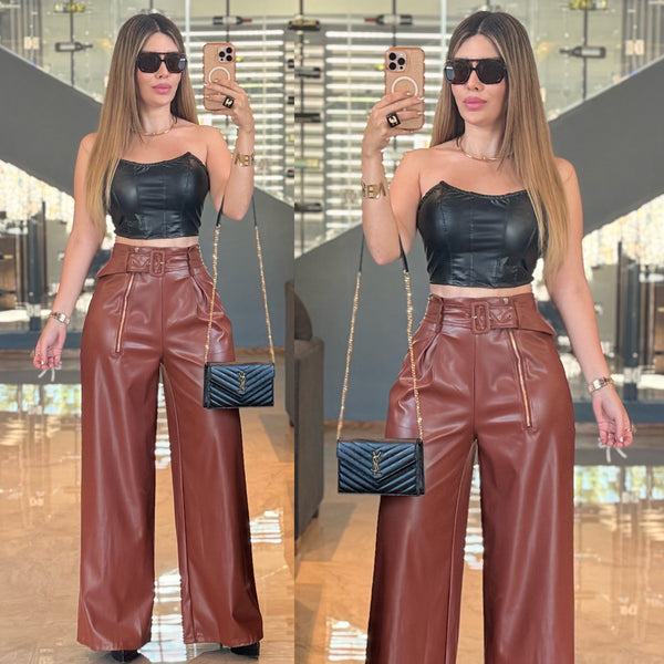 Catalina Brown leatherette wide pants